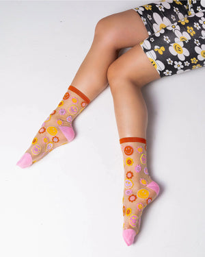 Smily Face Floral Ankle Sock