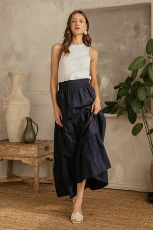 Poplin Navy Tiered Maxi Skirt