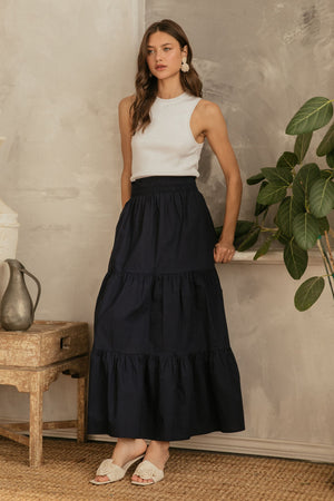 Poplin Navy Tiered Maxi Skirt