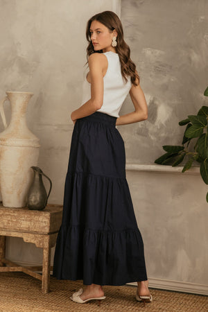 Poplin Navy Tiered Maxi Skirt