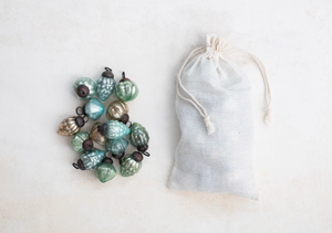 Embossed Teal Mercury Glass Ornaments in Muslin Bag (S/36)