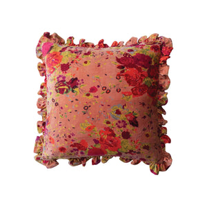 Floral Printed Velvet Ruffle Pillow