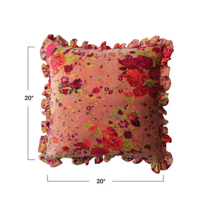 Floral Printed Velvet Ruffle Pillow