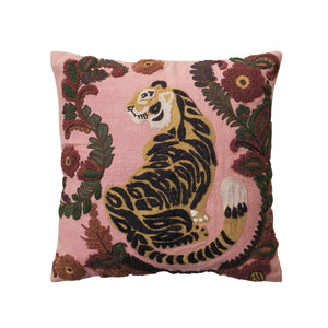 Embroidered Cotton Slub Tiger Pillow