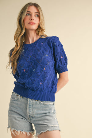 Royal Pointelle Flower Sweater