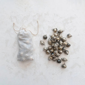 Embossed Mixed Metal Glass Ornaments in Muslin Bag (S/36)