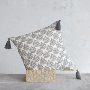 Square Cotton Printed Pillow w/ Leaf Pattern & Tassels