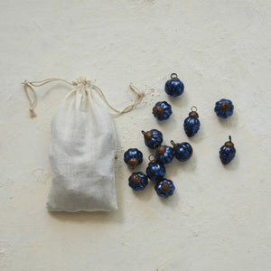 Embossed Sapphire Mercury Glass Ornaments in Muslin Bag (S/36)